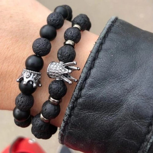 Bratara dubla barbati model Tibetan Chakra Diffuser negru Rege si Regina