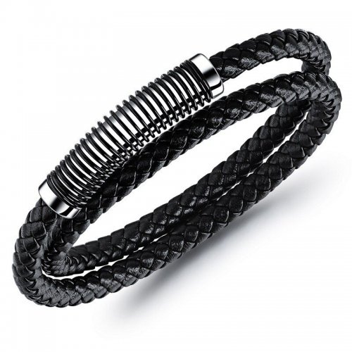 Bratara piele  barbati dubla Punk Style neagra