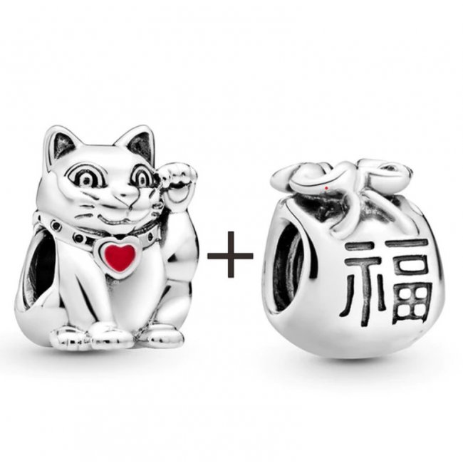 Set charm pentru Pandora talisman Pisica norocoasa si punguta cu bani
