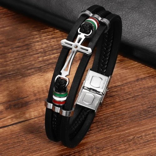 Brățară Unisex din Piele Neagră cu Cruce din Oțel Inoxidabil – Simbol al Forței și Credinței
