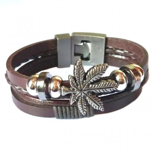 Bratara din piele Maro cu model frunza de marihuana 