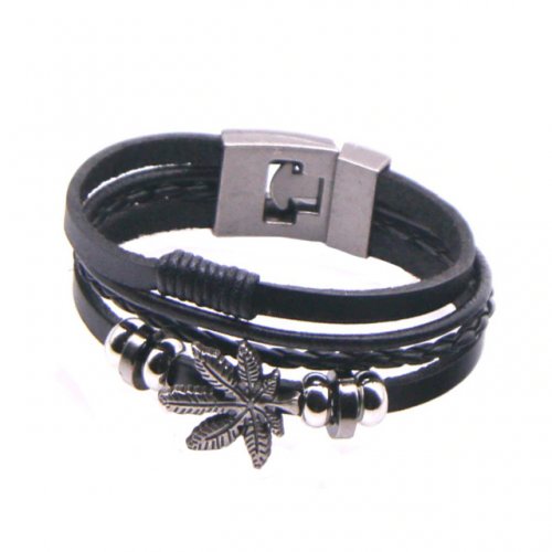 Bratara din piele neagra cu model frunza de marihuana 