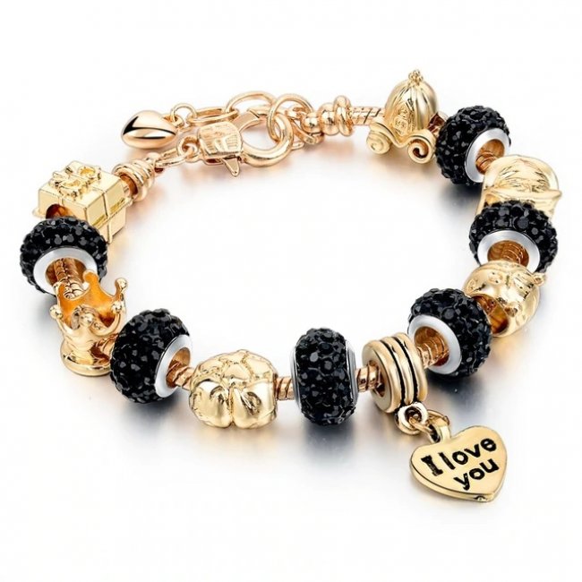 Bratara tip Pandora placat cu aur 14k charms Black Crystal Love