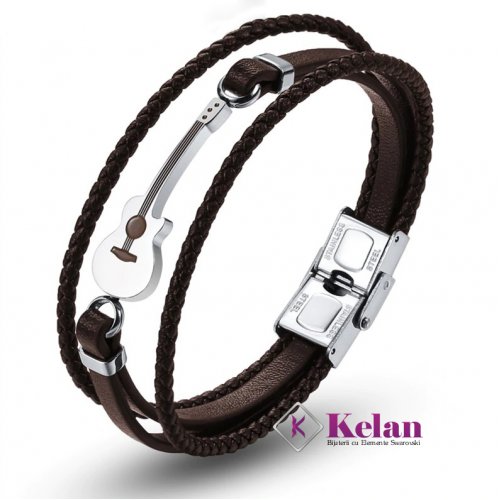 Bratara piele maro barbati sau femei cu medalion chitara